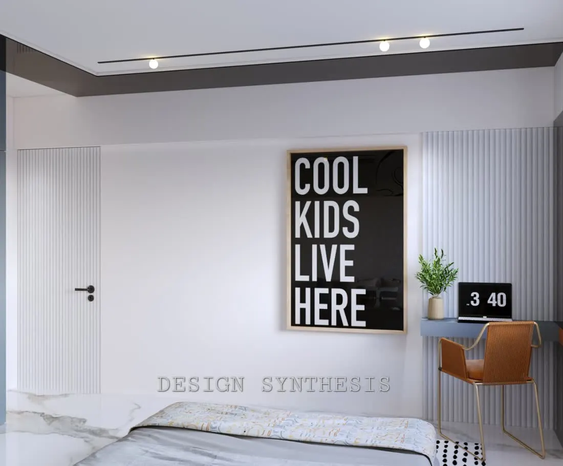 Bedroom study corner 3D design with fluted panel and floating desk