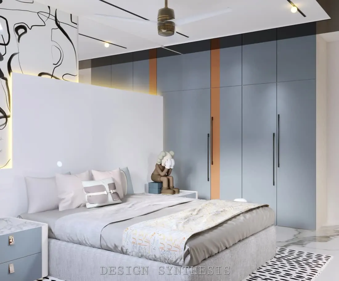 Bedroom wardrobe 3D design with orange accent stripes