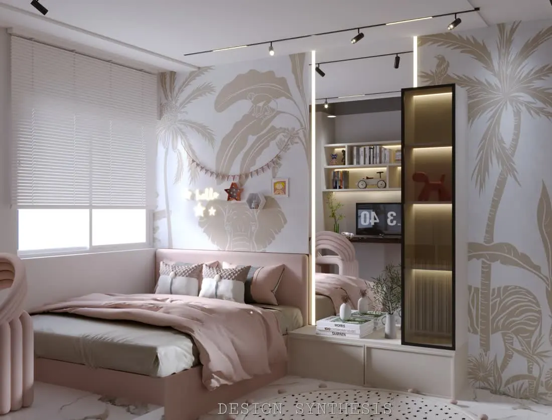 Kids bedroom 3D design with pastel pink bed and jungle theme wall mural