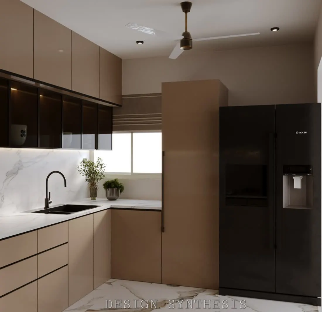 Kitchen refrigerator side 3D design with bronze gloss shutters