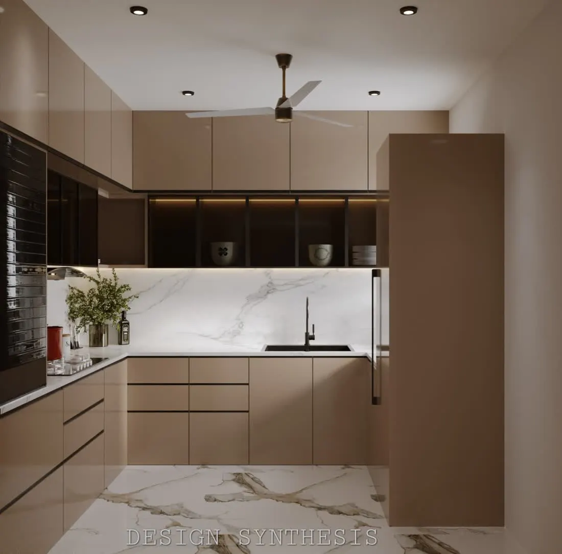 Modular kitchen sink area 3D design with black glass upper cabinets