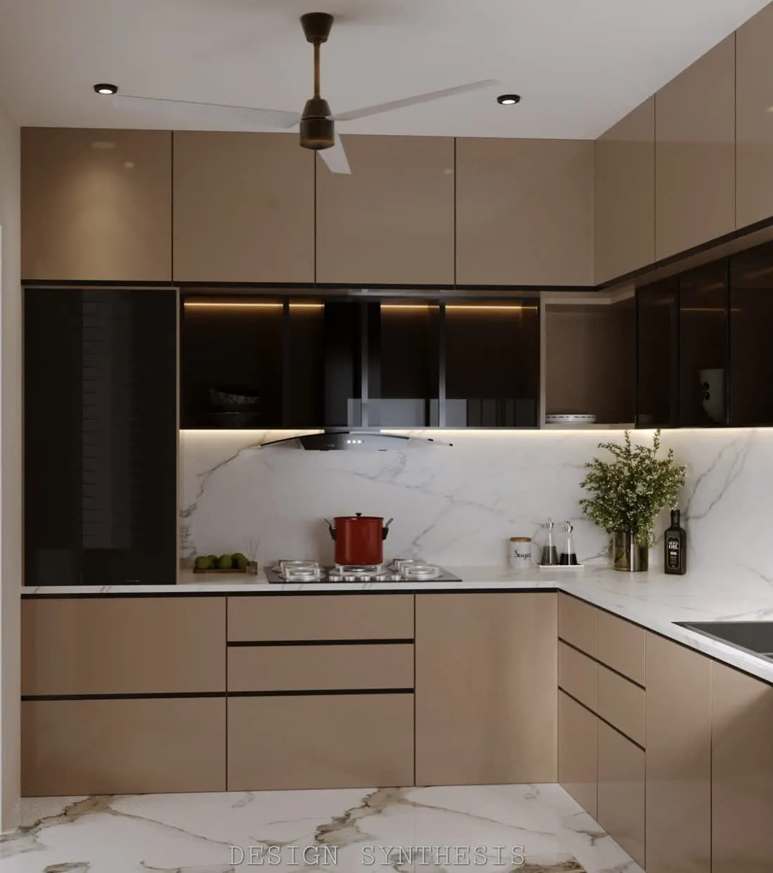 3D design of an L-shaped modular kitchen