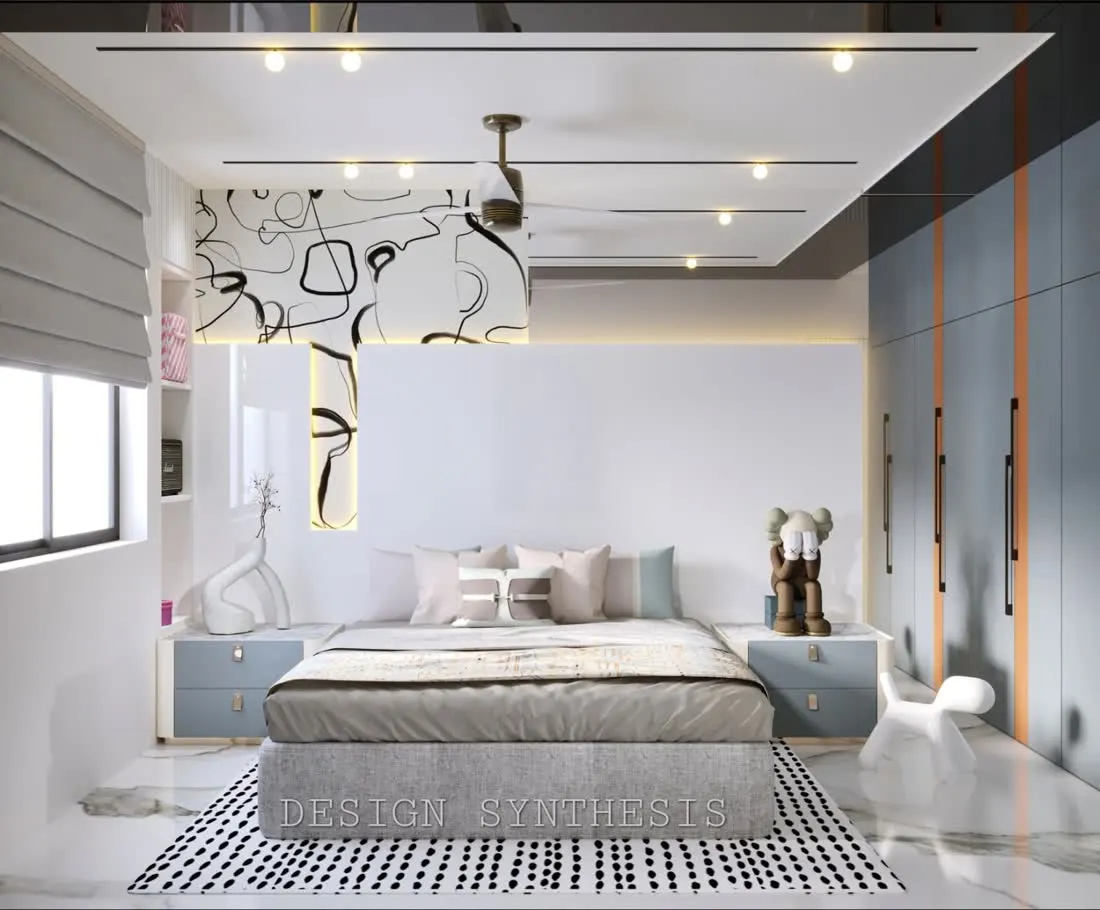 Master bedroom 3D design with grey bed and blue grey wardrobes