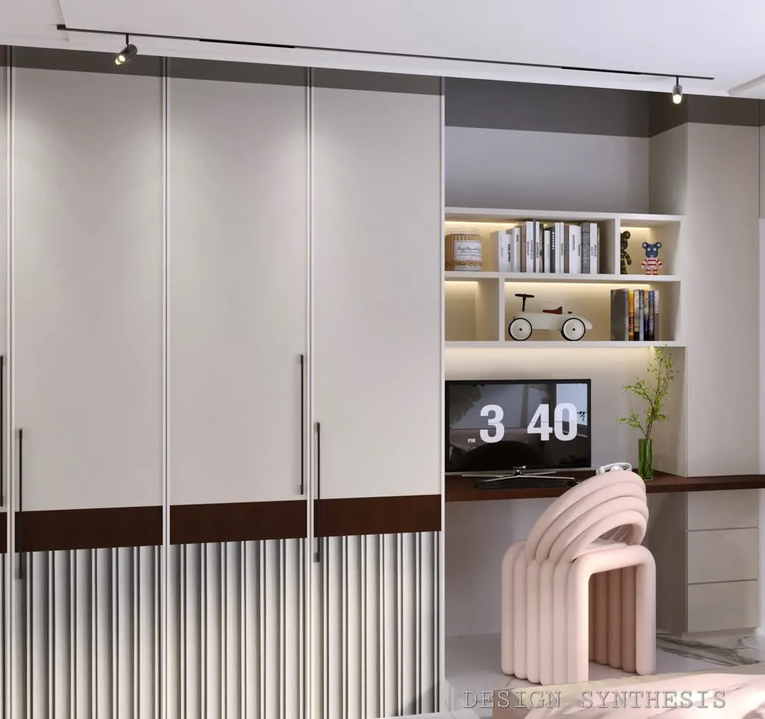 Wardrobe and study desk detail 3D design with cream panels