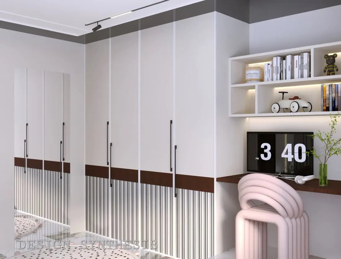 Wardrobe and study corner 3D design with reeded panels and floating desk
